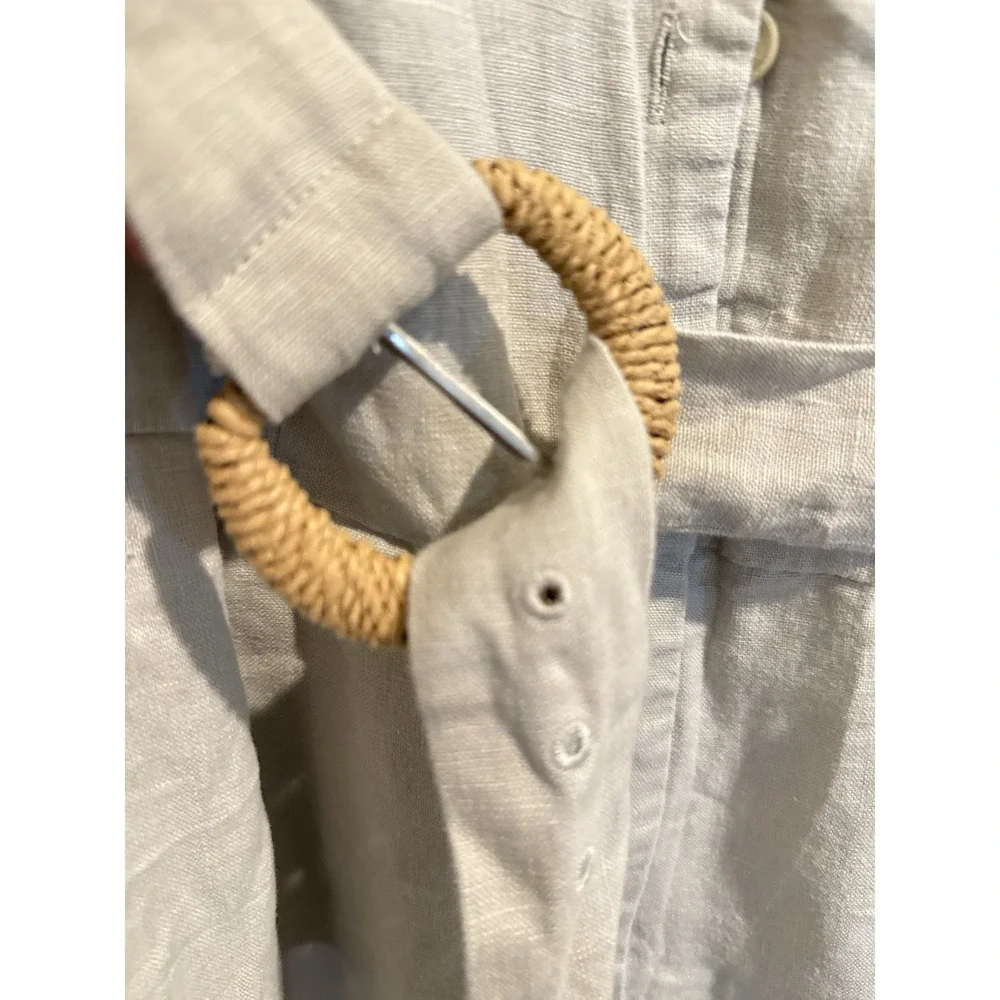 MANGO Womens Linen Belted Jumpsuit Beige Khaki Utility Cap Sleeve Wide Leg Med